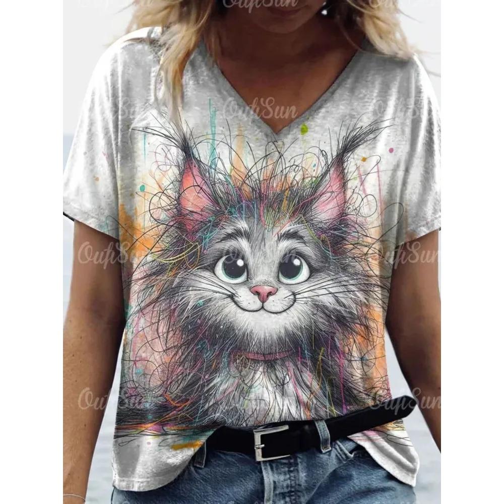 V-neck Short Sleeved T-shirt, Fashionable Women's T-shirt, Cat Print Pattern, Summer Oversized Clothing, Women's T-shirt