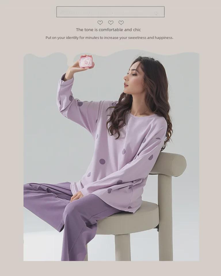 Pijama feminino de manga comprida com estampa de desenho animado e protetores de peito - algodão fino para uso interno/externo na primavera, outono e inverno