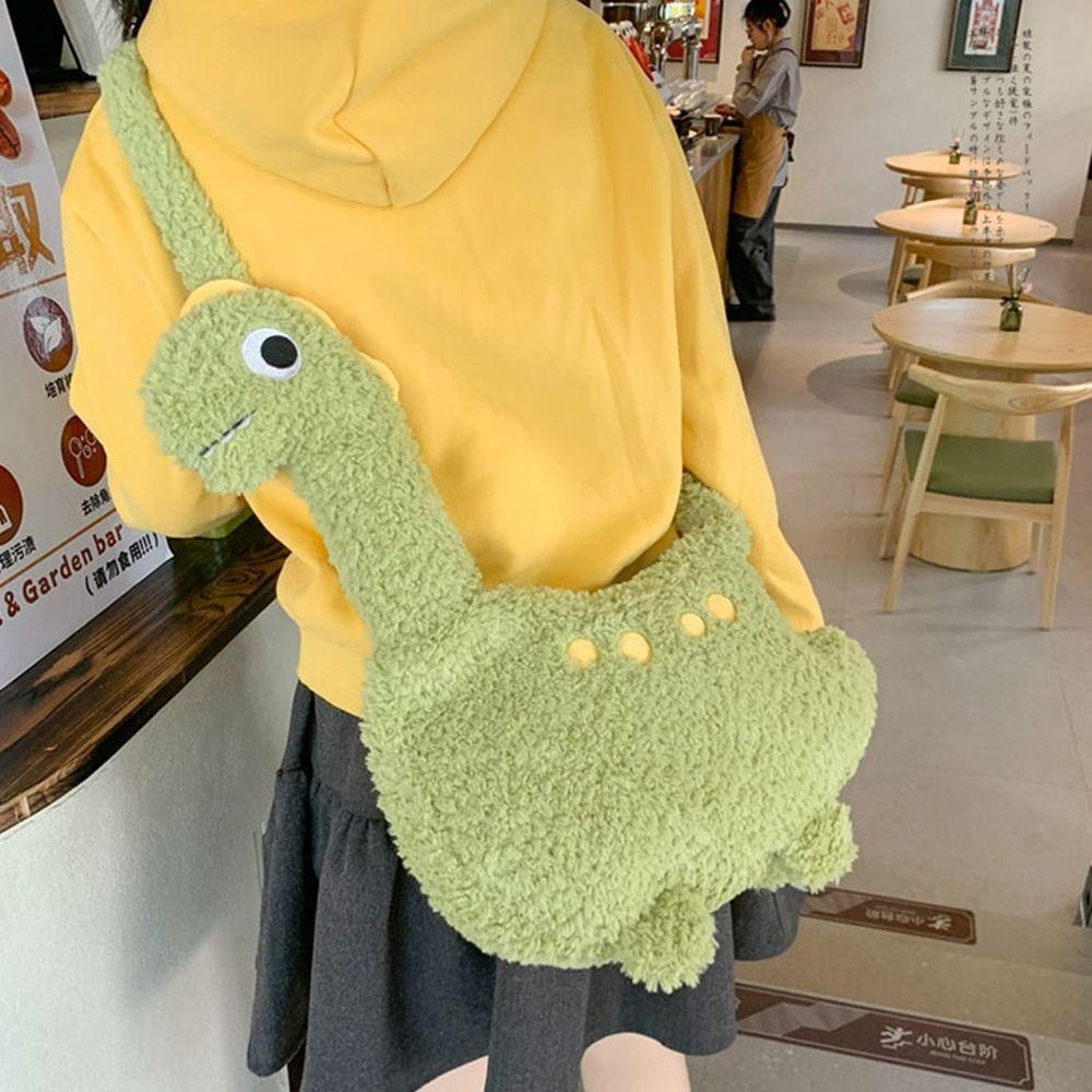 Solid Color Cartoon Crossbody Bag Plush Shoulder Bags Portable Long Neck Dinosaur Bag  Travel