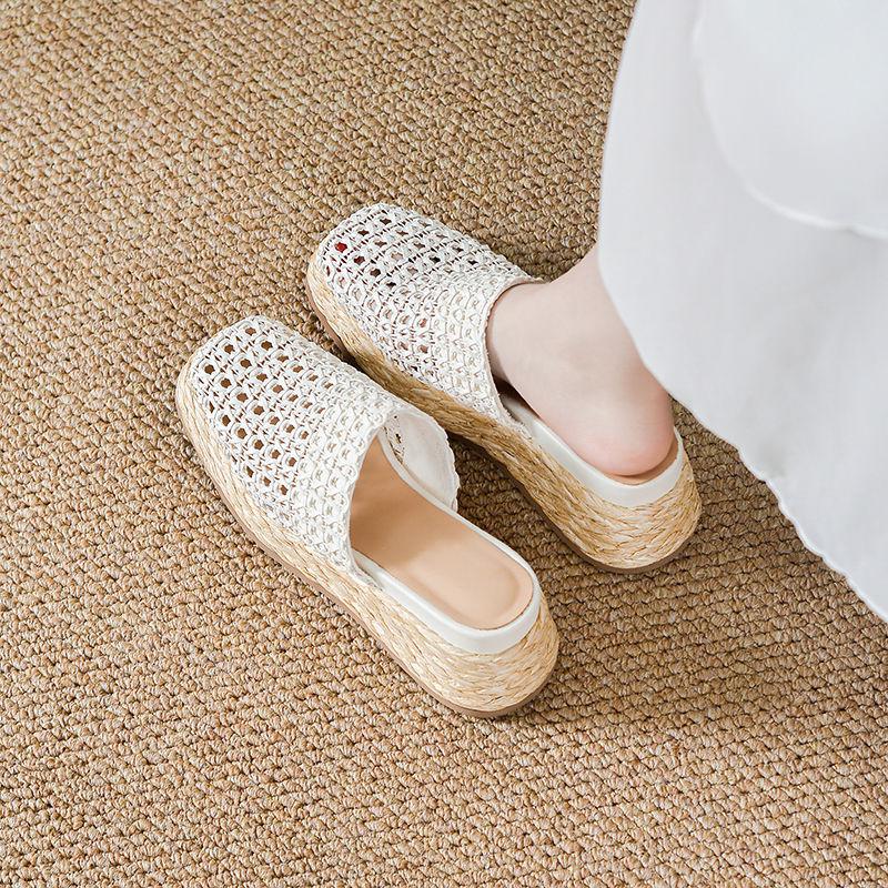Hollowed-out Woven Toe Cap Half-slipper Women's 2025 Summer Breathable Insole Height-increasing Straw Woven Thick-soled Shoes