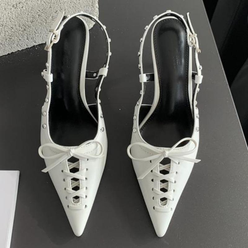 Fashion Fashion Design Rivets Back Buckle Strap Women Pumps Hollow Out Lace Up Pointed Toe Low Thin Heels Mules Sandals Shoes