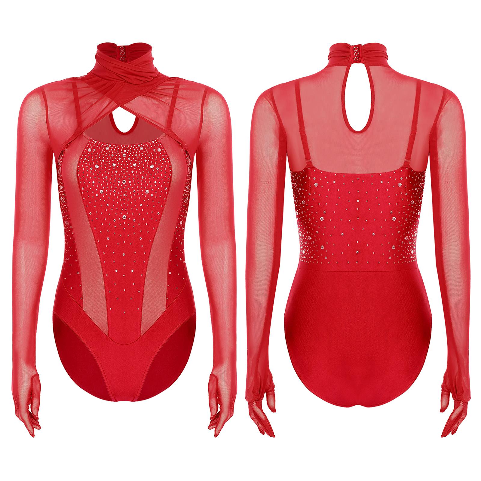 Women Figure Skating Performance Leotard Sheer Mesh Long Sleeve Shiny Rhinestone Bodysuit for Ballet Dance Gymnastics Acrobatics S красный