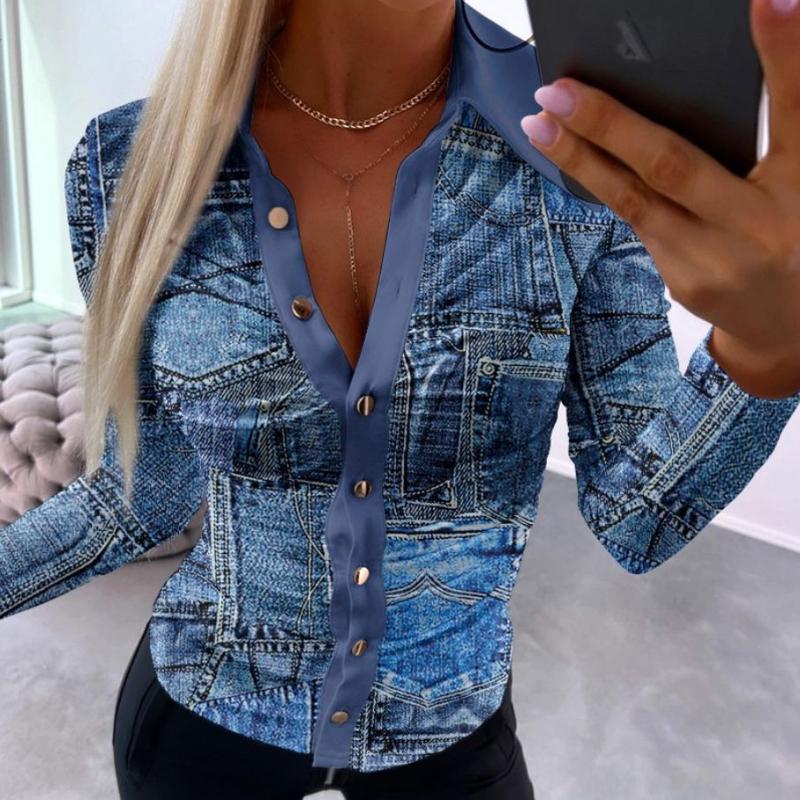 BITCED Women's Autumn Long Sleeve Simple Sexy V-Neck Printed Ladies Shirt Blouse