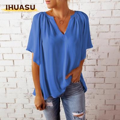 Camicette e camicie da donna con scollo a V, maniche corte, stampa tinta unita casual alla moda