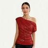 2023 Sequined Glitter Beaded Oblique Collar Short-Sleeve T-Shirt for Women - European/American Summer Style