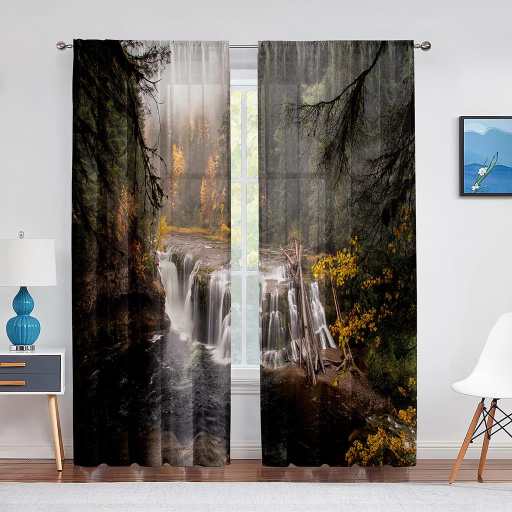 Bergsee Frühling Naturlandschaft Voile Vorhang für Schlafzimmer Wohnzimmer Küche Blumen Feld Fenster Vorhänge 2 Paneele Drapierung
