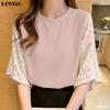 VONDA Summer Women O-Neck Print Splice 3/4 Sleeve Casual Loose Blouse