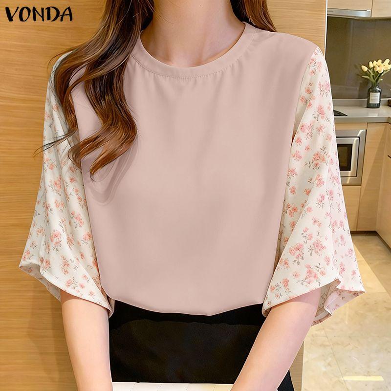 VONDA Summer Women O-Neck Print Splice 3/4 Sleeve Casual Loose Blouse