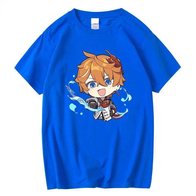 Summer Cozy Soft Casual Tops Tartaglia T-shirt Genshin Impact - Chibi Childe Couple 100%Cotton Cute Cartoon Print Women Shirt