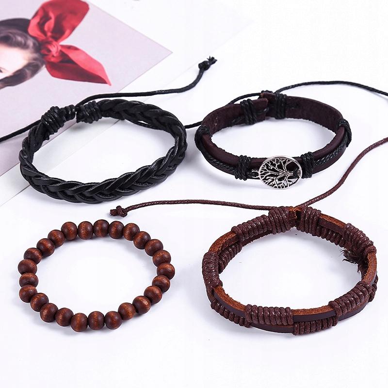 Herren Lederarmband, Öko-Leder Set, Set aus 4 Stück, Lebensbaum, Vintage