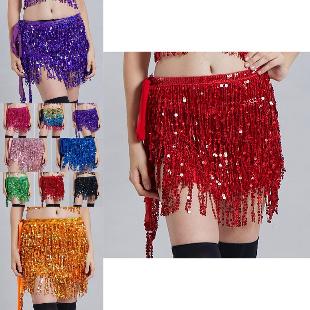 Sequin Tassel Fringe Skirt Belly Dance Costume Hip Scarf Wrap Shimmering And Elegant