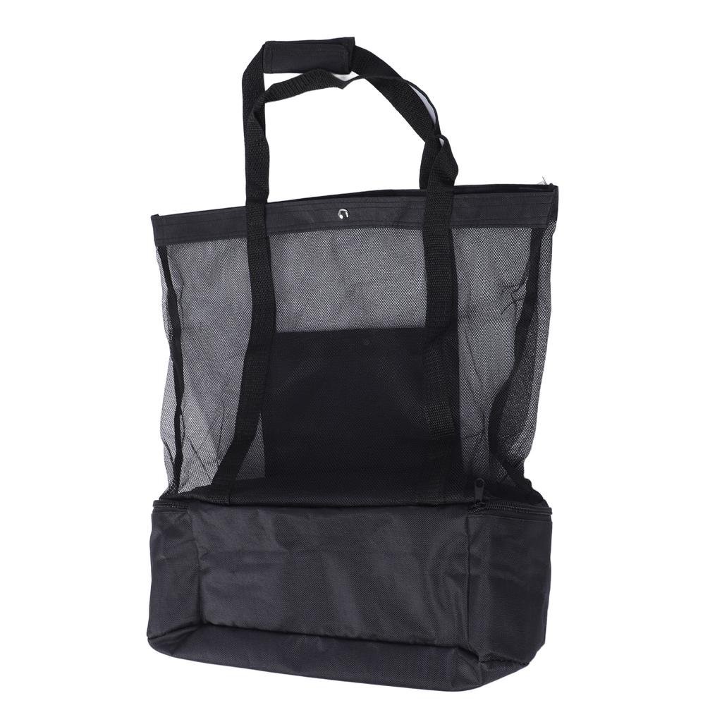 Black Mesh Beach Bag Insulated Zip Closure 2 Handles Reusable Lunch Bag for Picnic Camping