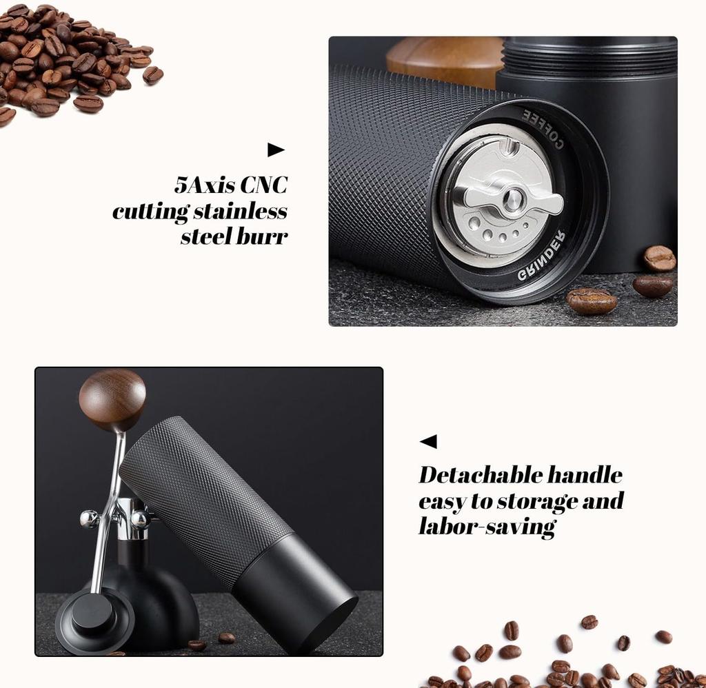 Manual Coffee Grinder Stainless Steel Tapered Burrs - Wooden Handle - Adjustable Internal Settings Dual Bearing Positioning