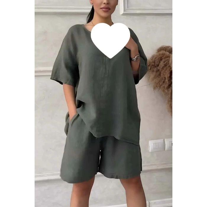 Temperament Loose Top for Women Solid Color High Waist Shorts Casual Two Piece Set for Women