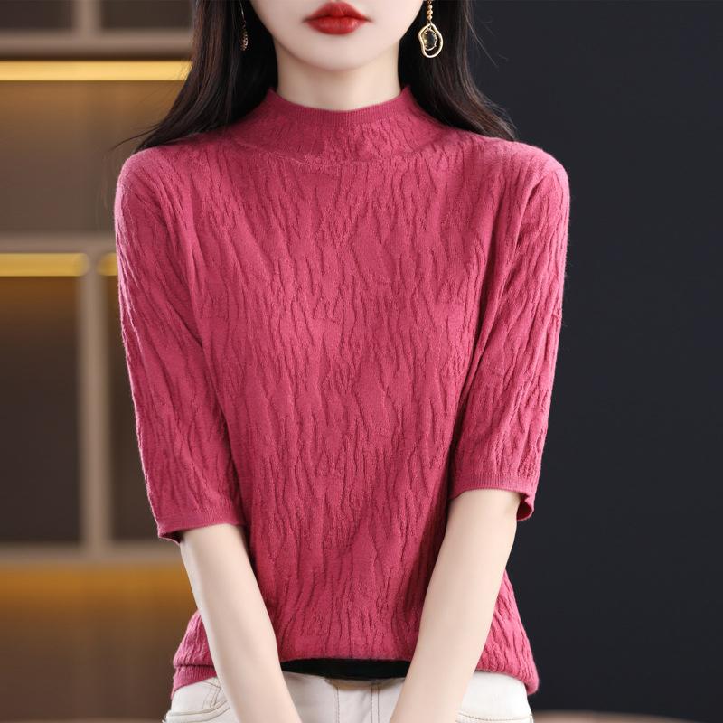 DAFIFY Women's Fashion Casual Summer Spring Solid Color Print Short Sleeve Half Turtleneck Blouses & Shirts