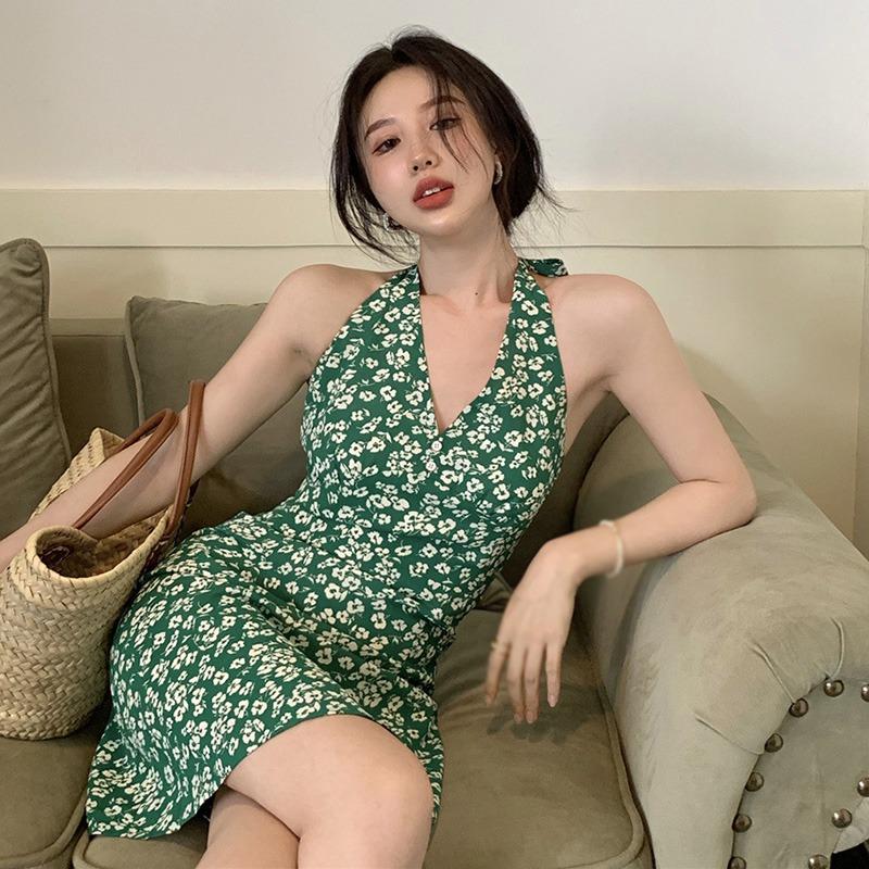 

Платье Открытая спина Тонкие бедра Покрытая короткая юбка V-образный вырез Цветочный принт S