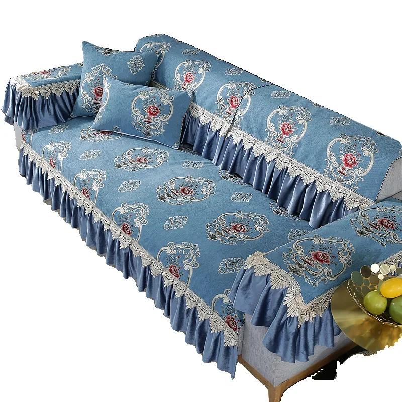 Vier Jahreszeiten Chenille Sessel Kissen Große Blume Rutschfeste Kissen Sofa Set Grüne Farbe Große Rock Saum 18cm Spitze Sofa Handtuch