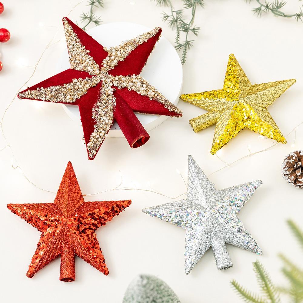 New 14cm Christmas Tree Star Plastic Flocking Tree Top Ornament Shiny Surface Solid Color Xmas Tree Topper Party Decor