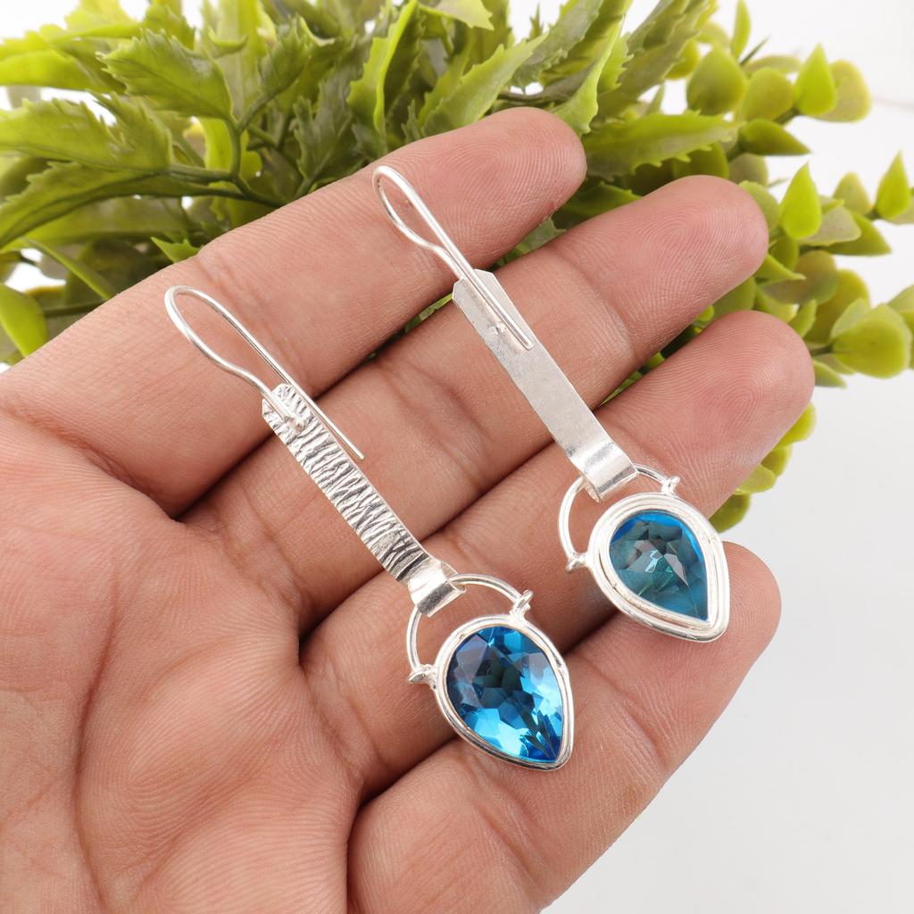Swiss Blue Topaz Earrings Gemstone, 925 Solid Sterling Silver Earrings Jewelry, Handmade Earrings, Silver Jewelry For Gift