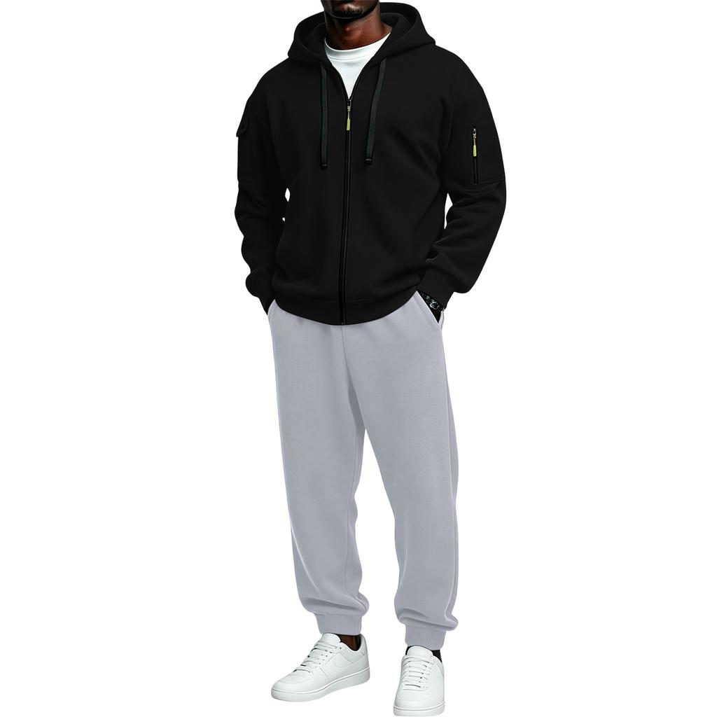 Men's Athletic Full Zip Hoodie and Black Pants Casual Track Suit 2 Piece Set