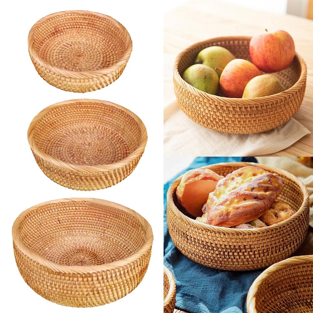 Round Rattan Fruit Basket Handwoven Lightweight for Kitchen or Office Use