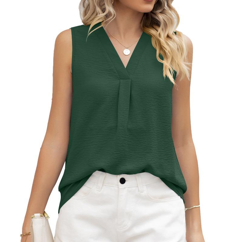 Women's Summer Solid Color V-neck Loose Chiffon Top Sleeveless Vest