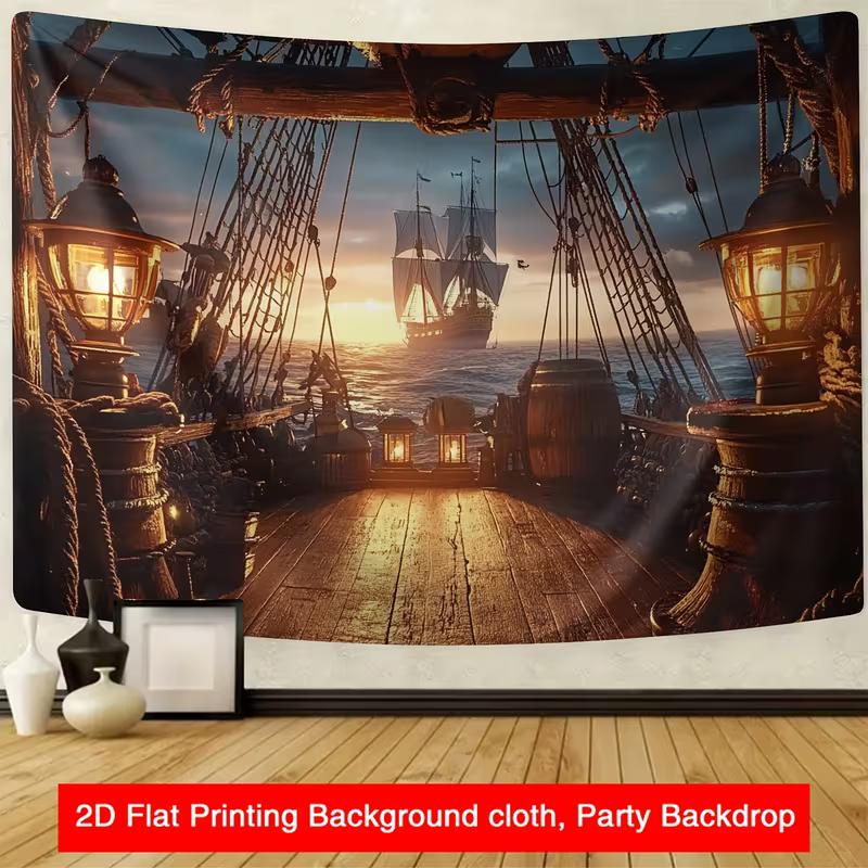 Nautical Pirate Ship Backdrop - Sunset Deck Lanterns Ocean Background