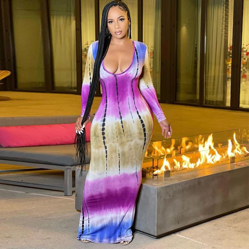 

YYFS Женская мода Весна Осень Цветной блок Принт Длинный рукав V-образный вырез Высокая талия Повседневные платья XXXL фиолетовый