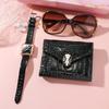 Square Emerald Roman Numeral Leather Strap Watch   Wallet   Sunglasses Three-piece Gift Box Set