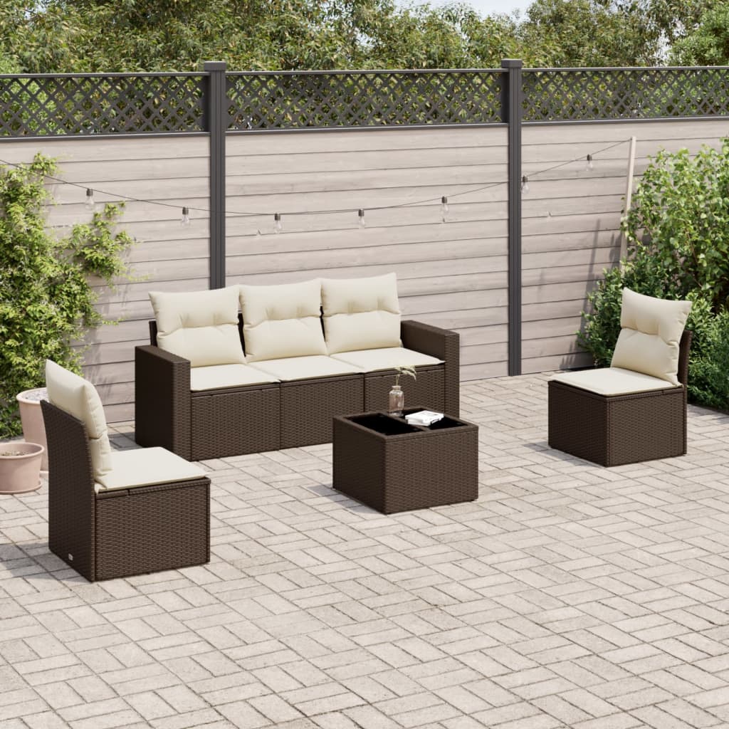 6 Piece Garden Sofa Set with Cushions Brown Poly Rattan