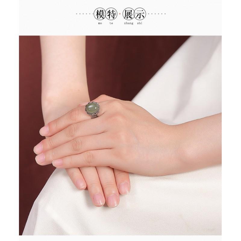 Adjustable Copper Ring With Natural Green Jade Lotus Tibetan Om Mani Padme Hum Engraving Vintage Bohemian Jewelry