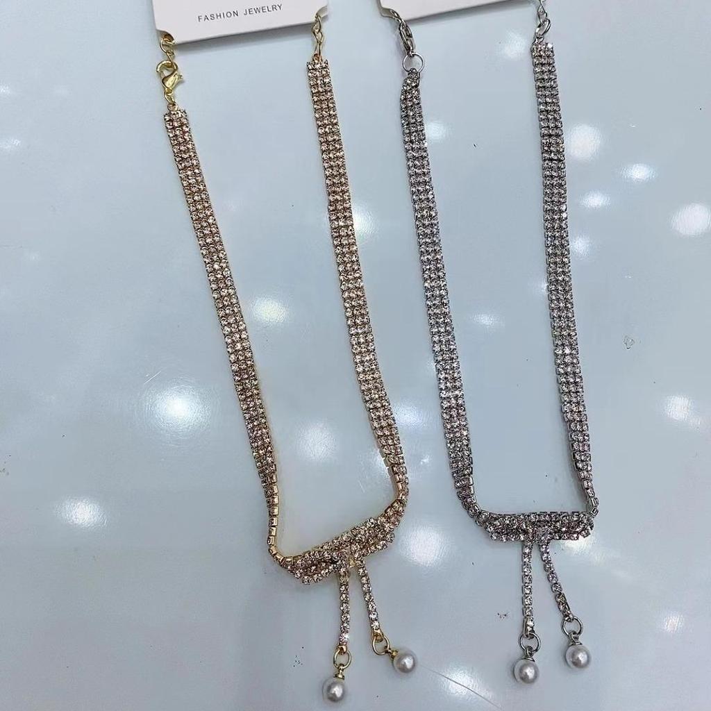 Trendy Summer Bow & Rhinestone Tassel Choker Necklace for Women