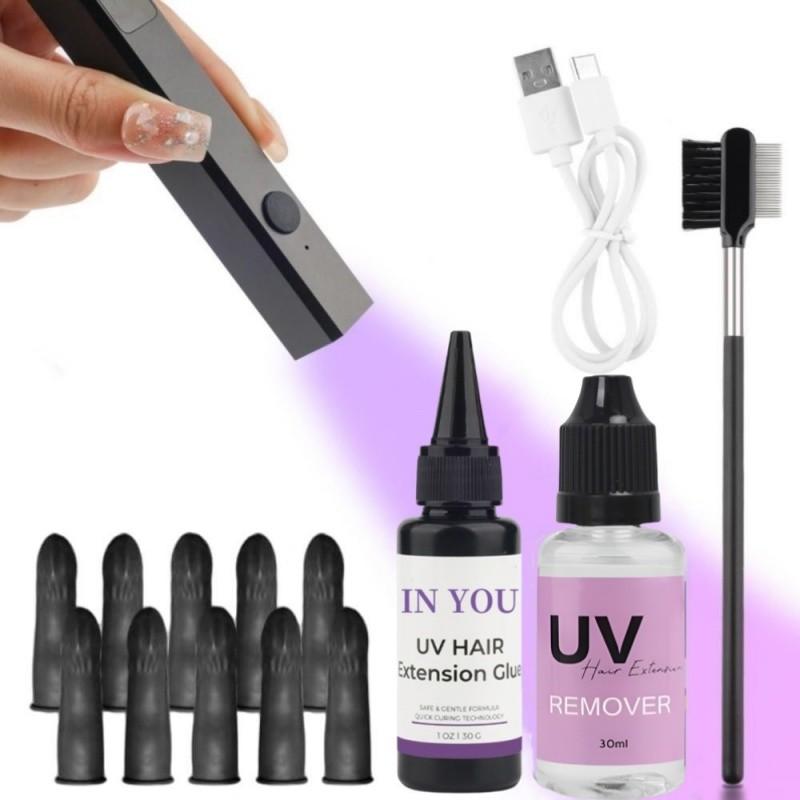 

Набор для УФ наращивания волос:Быстросохнущий водостойкий клей, ремувер, УФ-лампа и расческа, клей салонного качества для бесшовного естественного соединения, полный долговечный A set