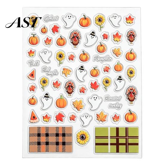 Halloween Manicure Decals Nail Art Stickers for Thanksgiving, Autumn Turkey Pumpkin Maple Fall Themed Accessories Leaf Sticker, Embossed Waterproof