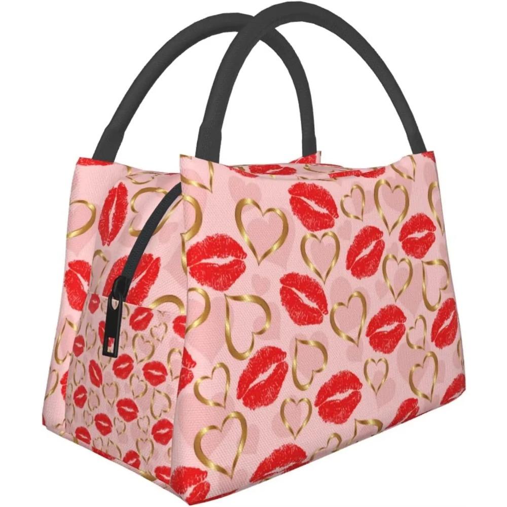 Red Heart Pattern Valentine's Day Lunch Bag Portable Reusable Insulated Lunch Box for Women Men Tote Bag for Work Travel Picnic