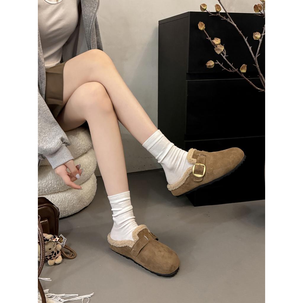 Brown retro heightened thick-soled piled half-drag Birkenstocks women's autumn and winter warm bag head cotton slippers