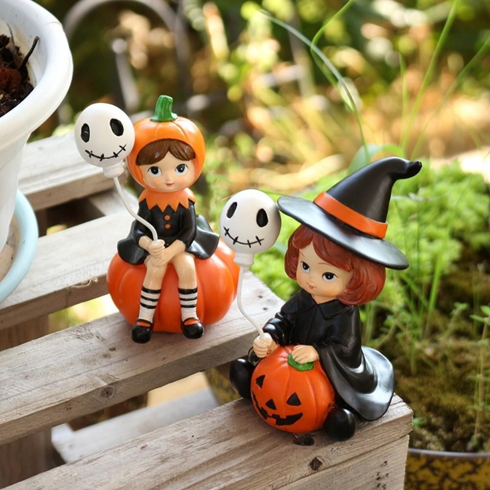2pcs Cute Pumpkin Girl Figurines Witch Doll Halloween Party Ornaments  Bedroom Desk Decoration