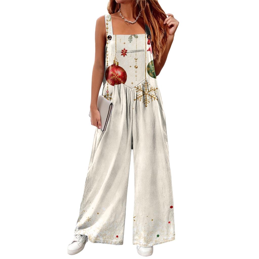 Women's Casual Sleeveless Cotton Jumpsuit with Christmas Print for Holiday Parties and Everyday Wear