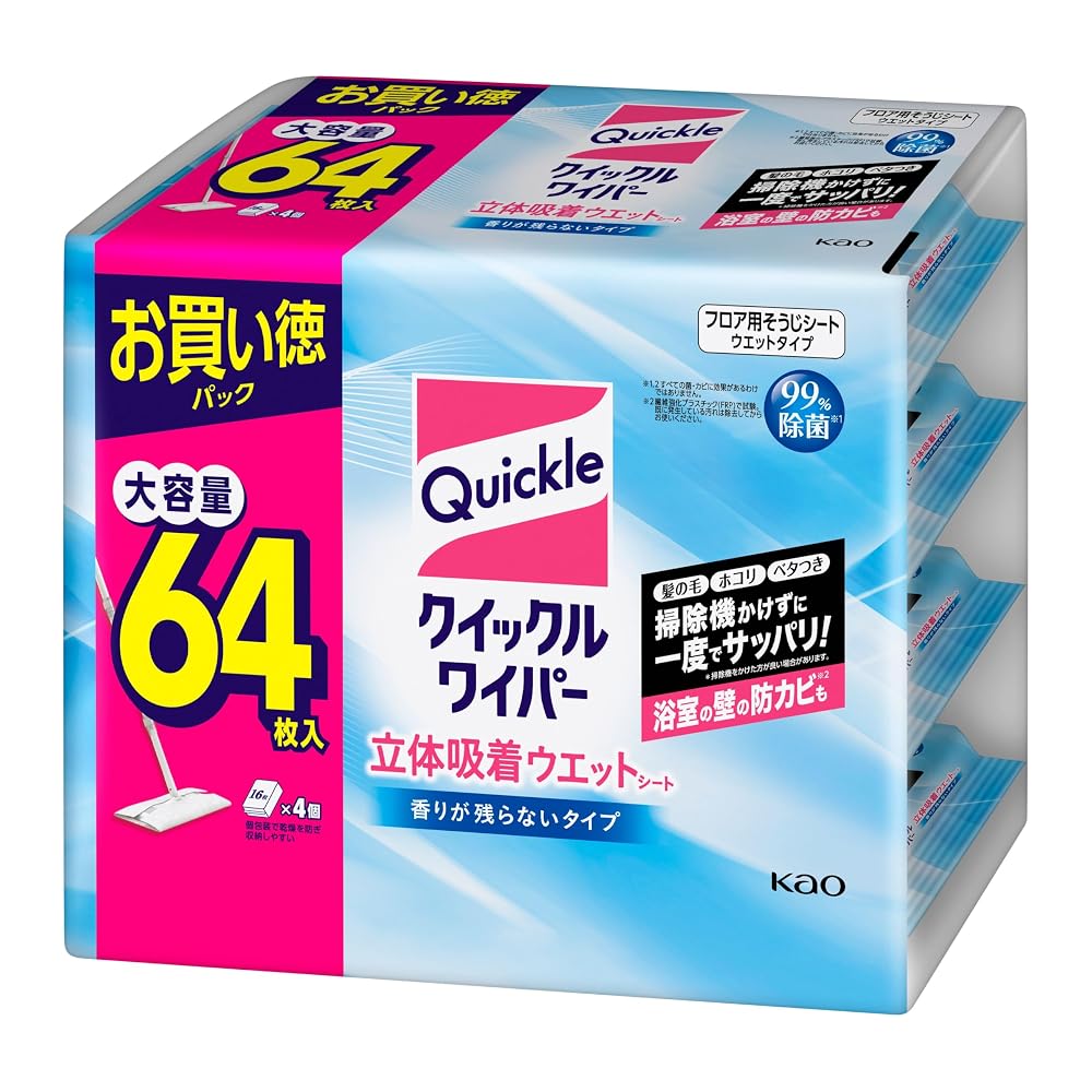 Japanese Product Quickle Wet Cleaning Sheets Jumbo Pack 64 Sheets, No Residual Scent
