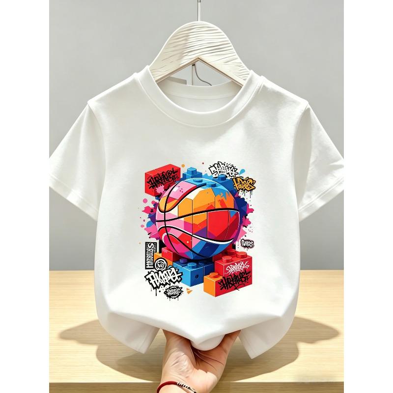 Kids Crewneck Short Sleeve T-Shirt, Creative Building Blocks Graffiti Basketball Print 110 белый