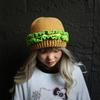 Funny Hamburger Beanies Hat for Adult Unisex Skull Hat Crochet Burger Shape Hat Headwear Halloween Costume Accessories
