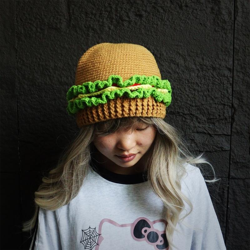 Funny Hamburger Beanies Hat for Adult Unisex Skull Hat Crochet Burger Shape Hat Headwear Halloween Costume Accessories