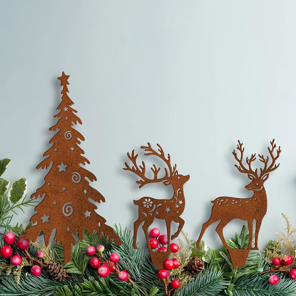 Home Decoration Tree and Deer Metal Garden Stake, Vintage Rustic Style Outdoor Yard Decorations,  Sculpture Ornaments Gift