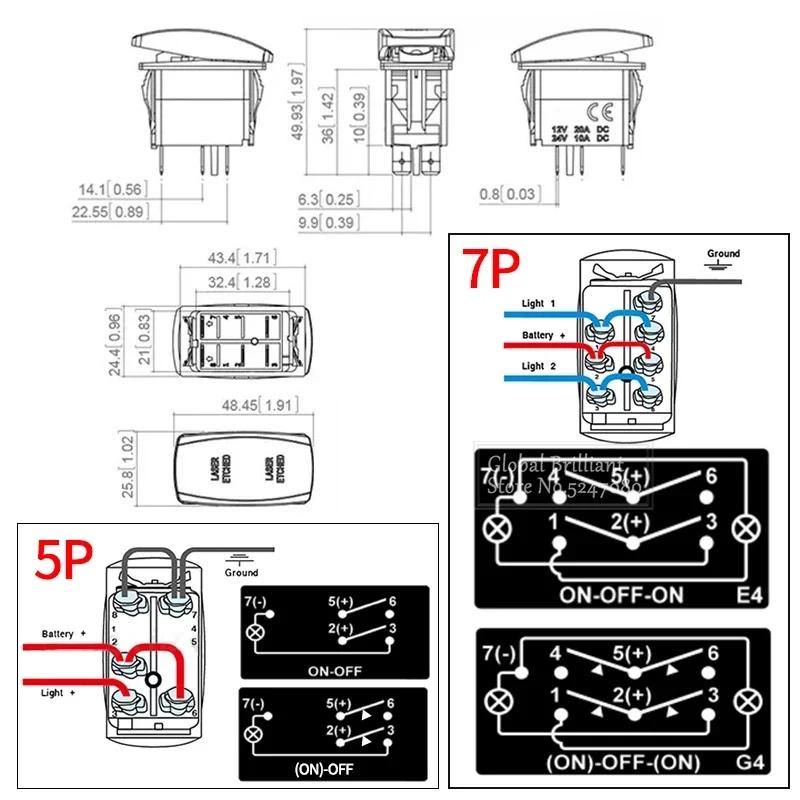 For Car Truck Marine 12V/20A 24V/10A Boat Rocker Switch Toggle 5Pin SPST / 7Pin DPDT ON-Off Switch with LED Light