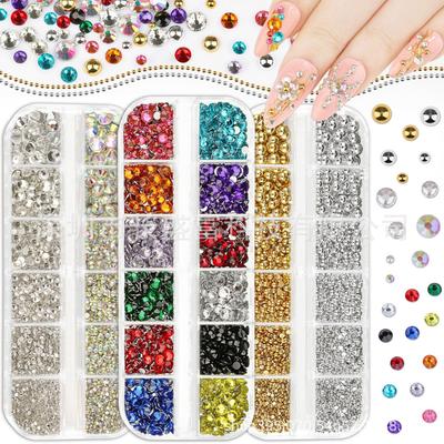 12-Grid Nail Art Decoration Set: Glass Flat Rhinestones, AB Rhinestones, Mini Steel Beads, Half Pearls