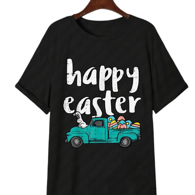 Happy Easter Retro Pattern Tshirt 2026 Summer Unisexs Womens Loose Bunny in Pickup Colorful Egg Tshirt Easter Festival Clothing L