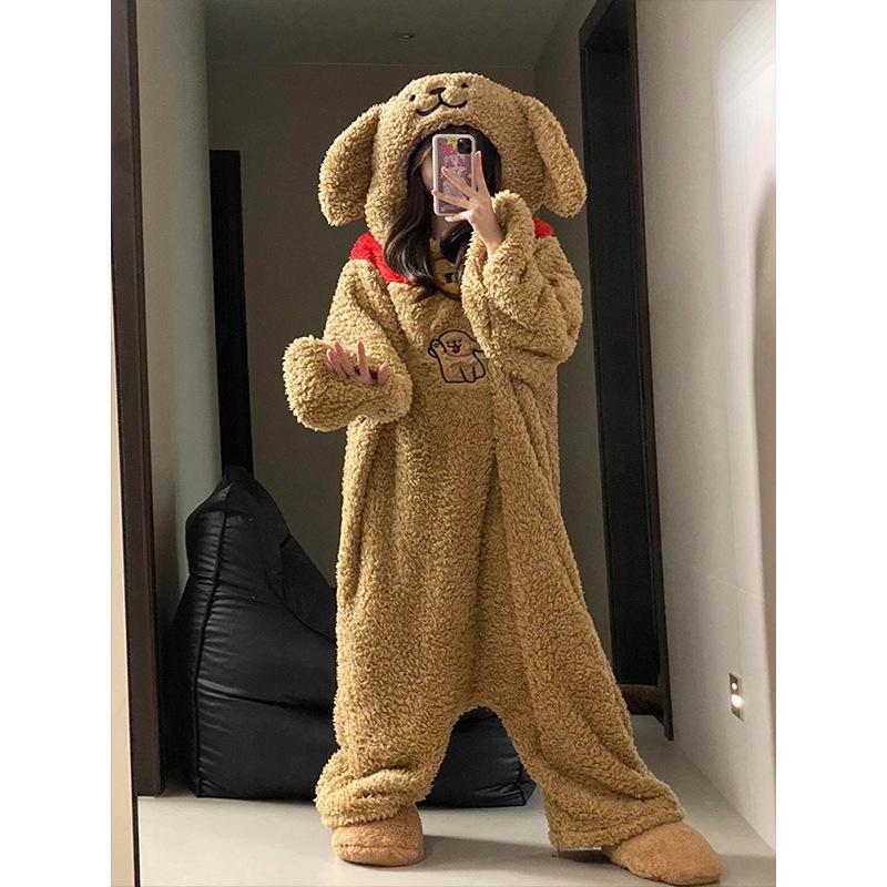 Women's Cute Cartoon Dog Coral Fleece Pajamas - Thick, Warm, Winter One-Piece Lounge Wear
