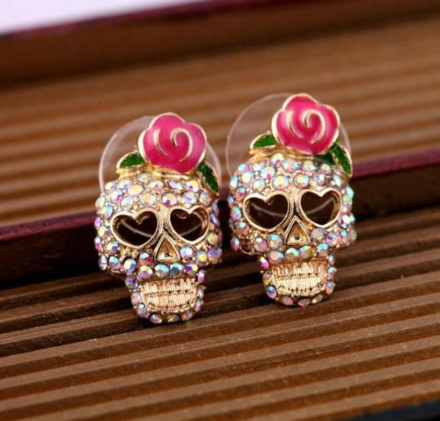 

ZRM Wholesale 20pair/lot Red Rose Charm Skull Earrings Fashion Women Design Rhinestone Jewelry,Original Factory Supply золотий