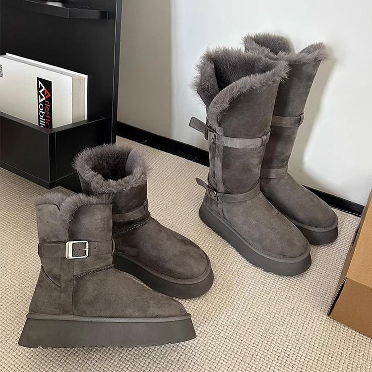 Cowhide~ 2025 winter wool integrated gray snow boots women's thick-soled heightened velvet thickened long-tube snow cotton shoes