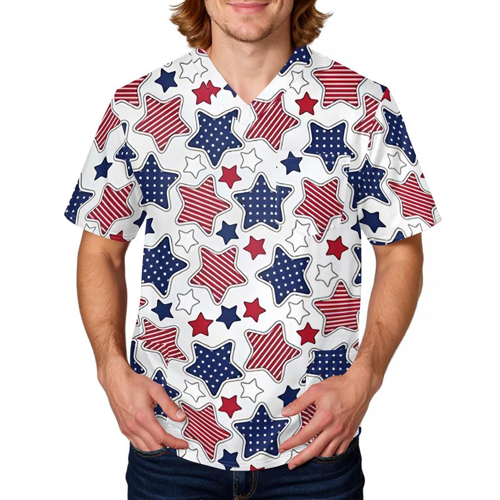 Men's Short Sleeve V Neck Medical Scrub Top with Pocket Independence Day Star Print Workwear Shirt for Healthcare Professionals